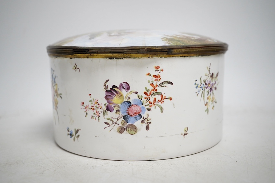 A French 19th century enamel on copper trinket box, 16cm diameter. Condition - poor to fair